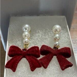 Elegant Red Bow Pearl Earrings